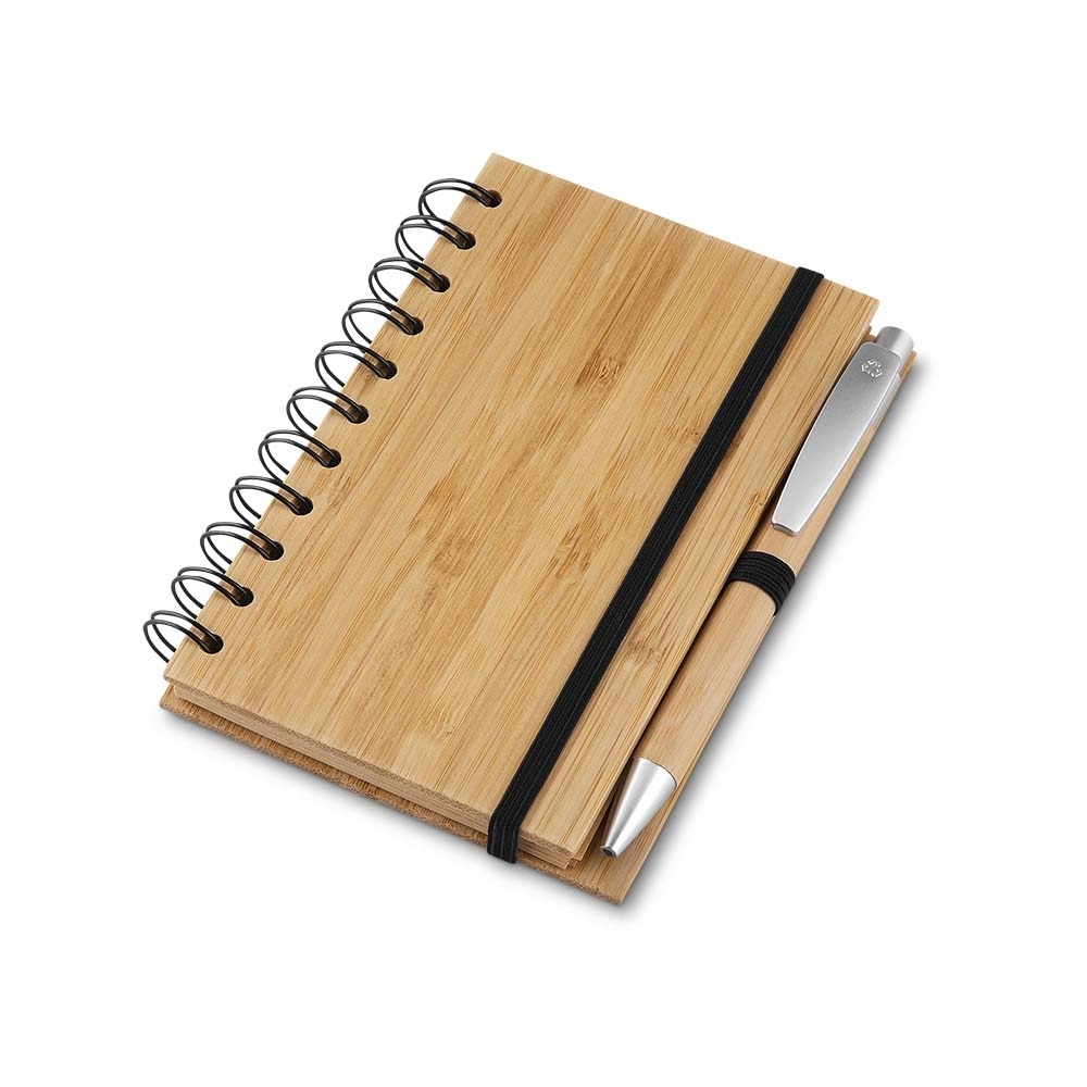 Caderno com capa em bambu e caneta