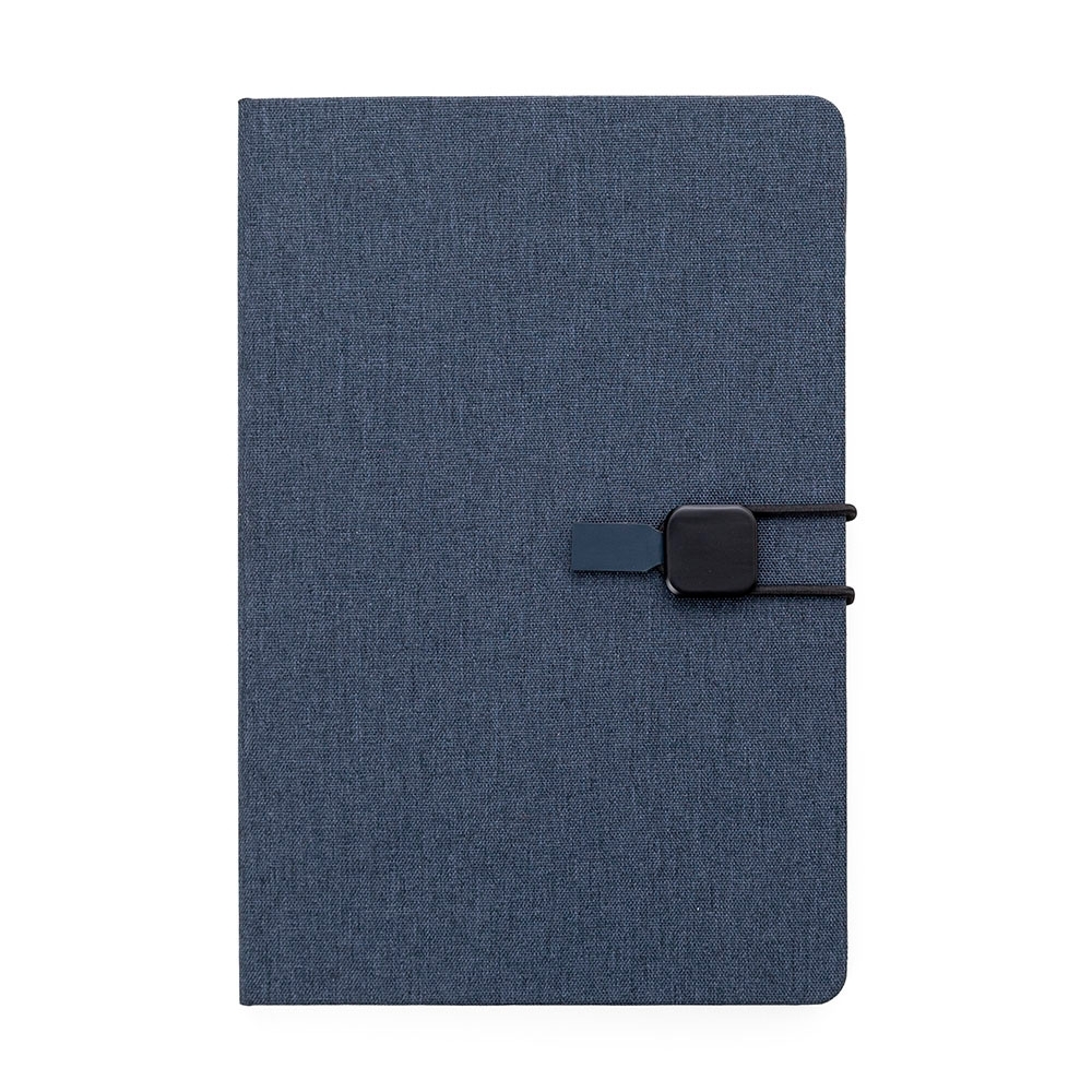 Caderno de anotações com elástico, capa dura em tecido poliéste