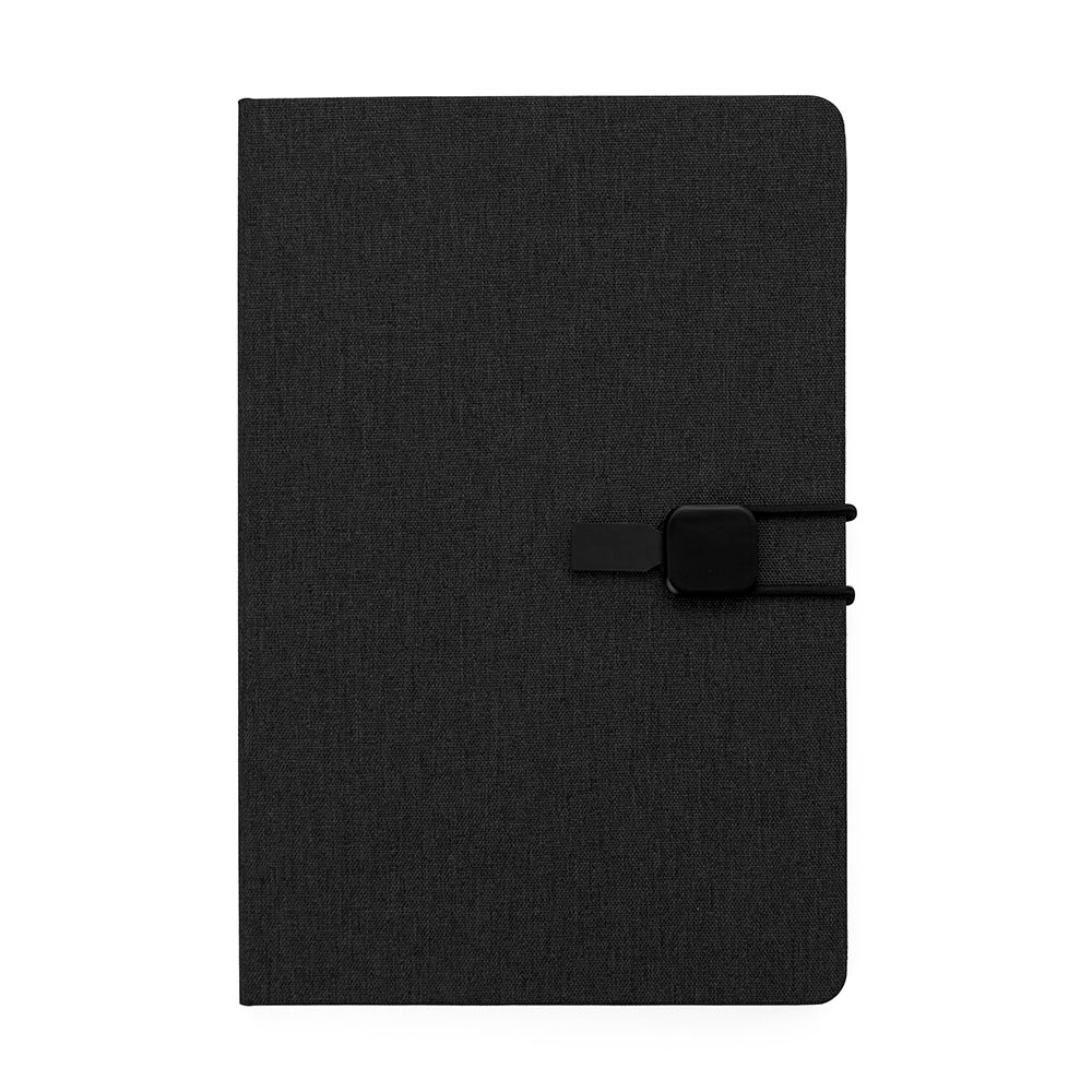 Caderno de anotações com elástico, capa dura em tecido poliéste